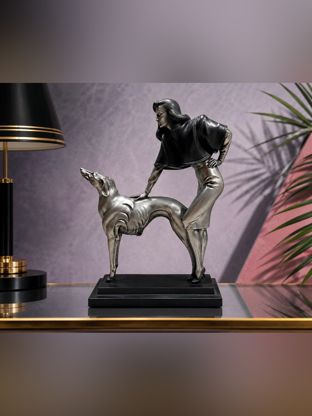 Vintage Austin Productions A. Danel 1991 Art Deco Woman & Greyhound Sculpture